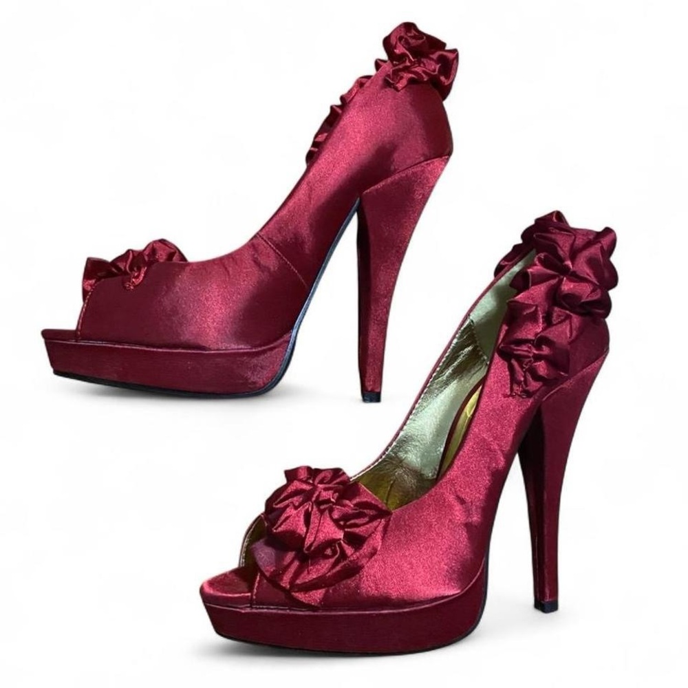 Chic Satin Burgundy Heels with Ruffle Detail